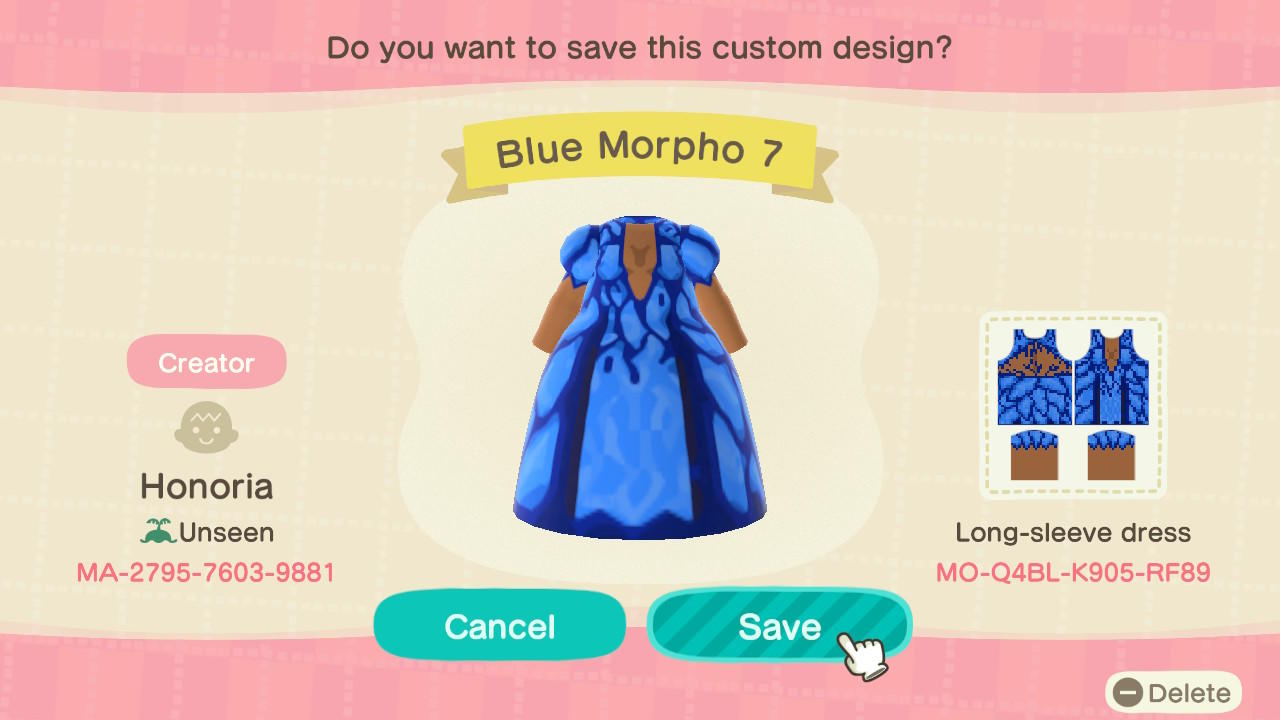 Animal Crossing Design Code: MO-Q4BL-K905-RF89 Blue Morpho 7