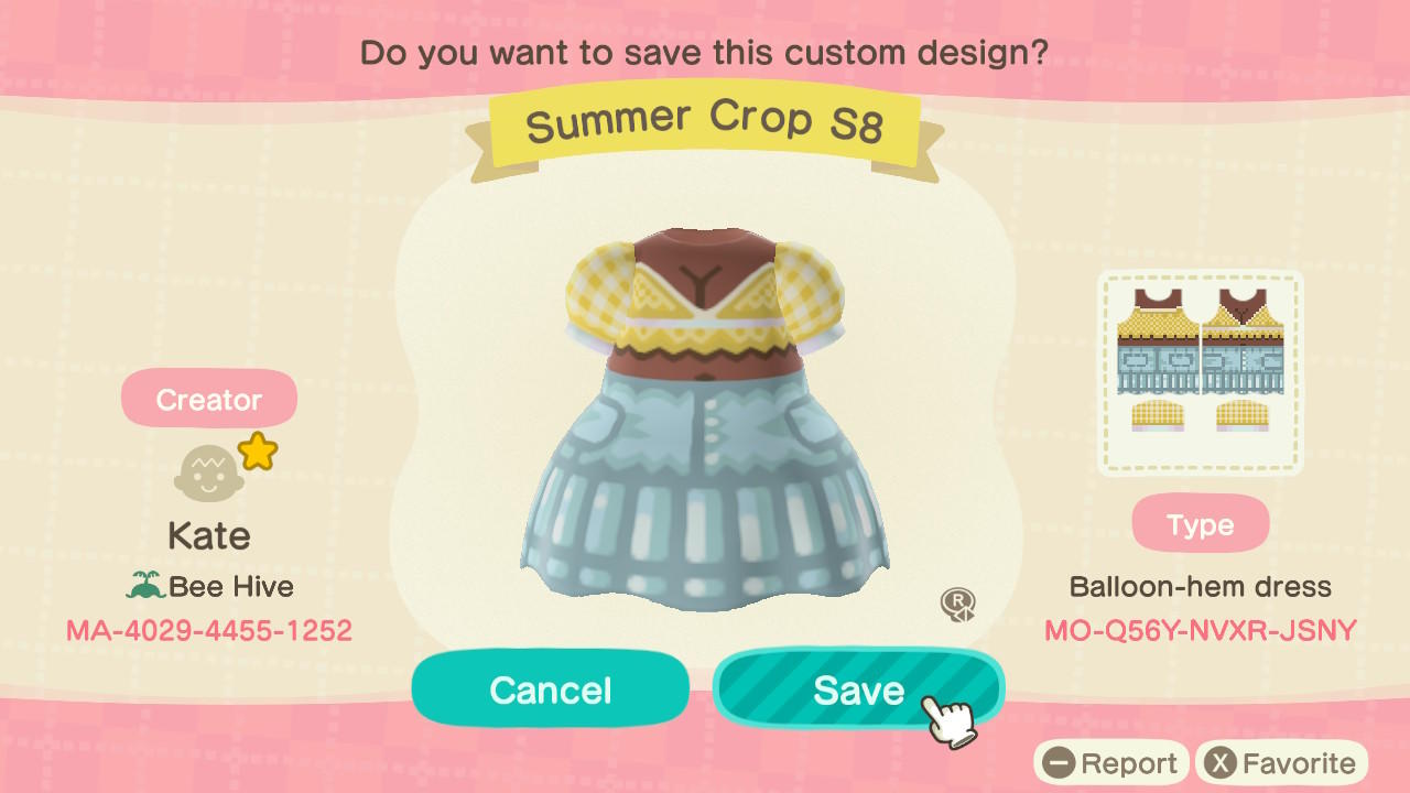 Animal Crossing Design Code: MO-Q56Y-NVXR-JSNY Summer Crop S8