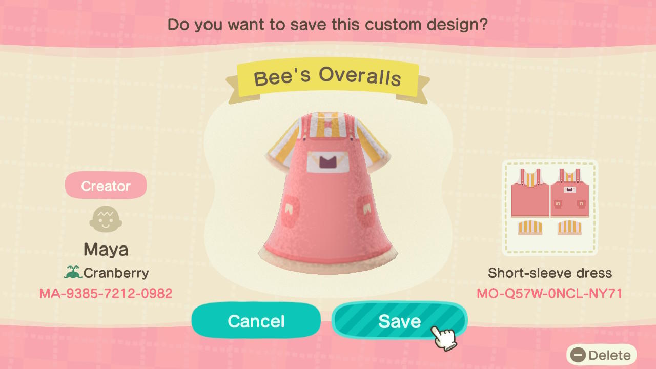 Animal Crossing Design Code: MO-Q57W-0NCL-NY71 Bee&#39;s Overalls