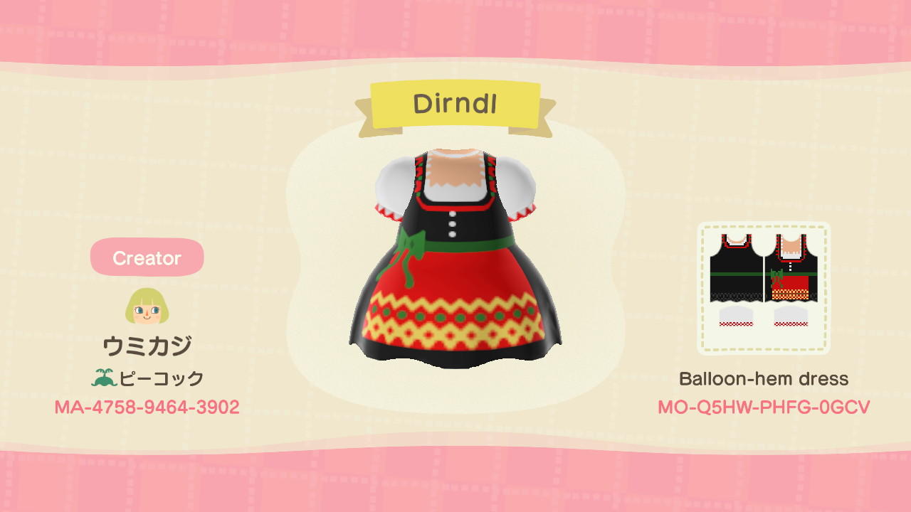 Animal Crossing Design Code: MO-Q5HW-PHFG-0GCV Dirndl