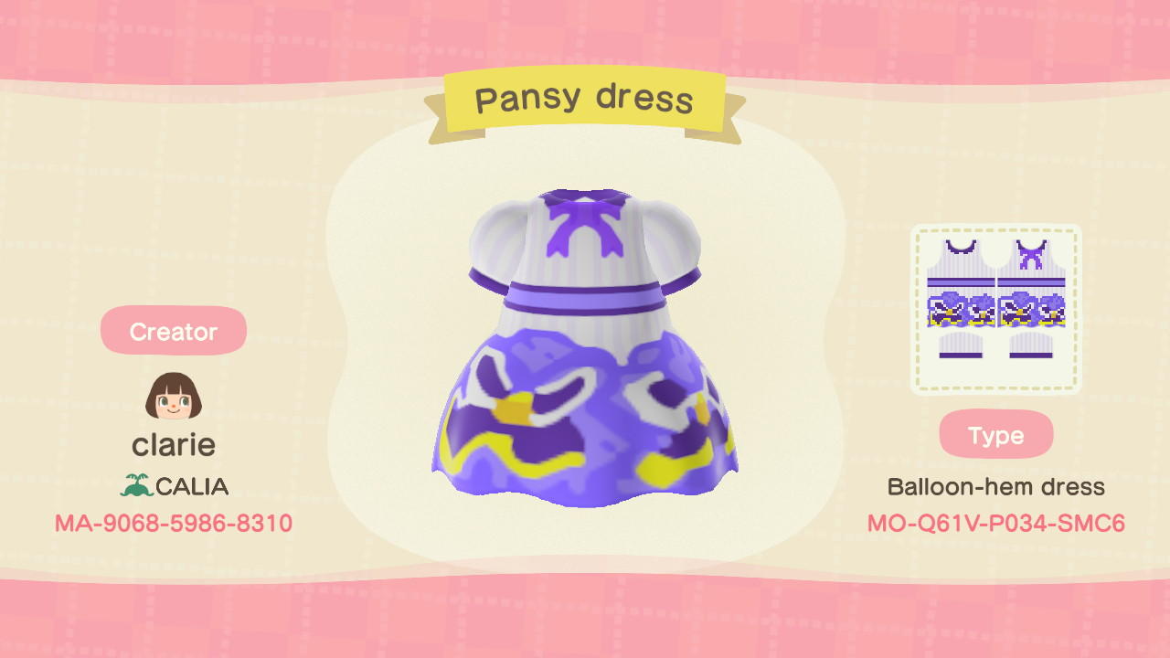 Animal Crossing Design Code: MO-Q61V-P034-SMC6 Purple pansy dress