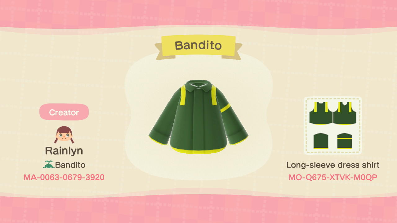 Animal Crossing Design Code: MO-Q675-XTVK-M0QP Bandito