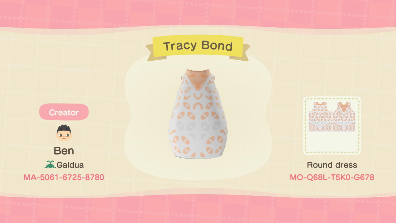 Animal Crossing Design Code: MO-Q68L-T5K0-G678 Tracy Bond