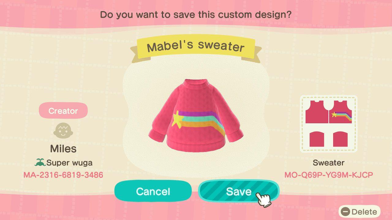 Animal Crossing Design Code: MO-Q69P-YG9M-KJCP Mabel's Sweater
