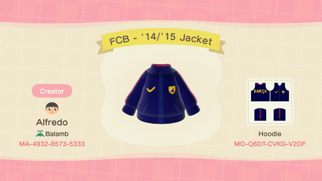 Animal Crossing Design Code: MO-Q6DT-CVKG-V2DF FCB - 14/15 Jacket