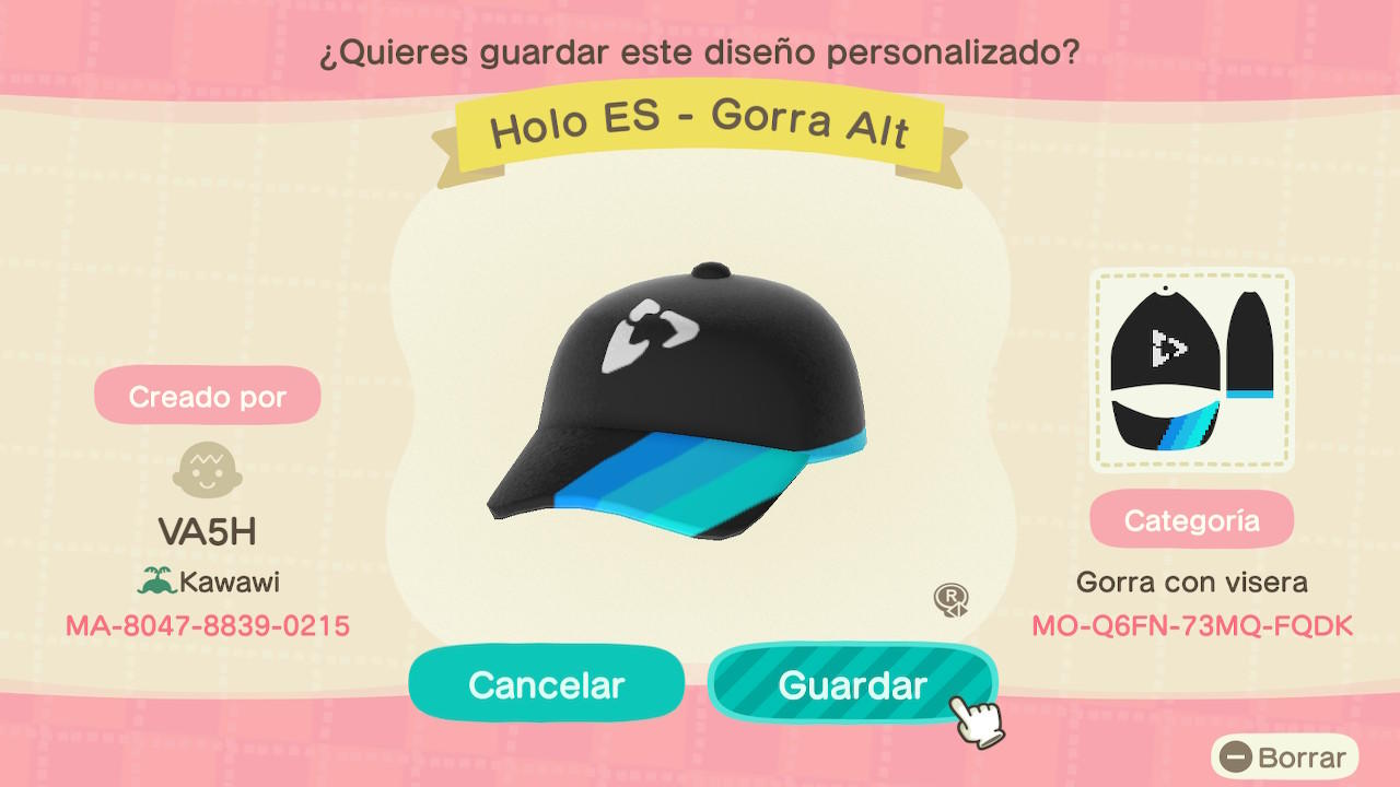 Animal Crossing Design Code: MO-Q6FN-73MQ-FQDK Holo Es - Gorra Alt