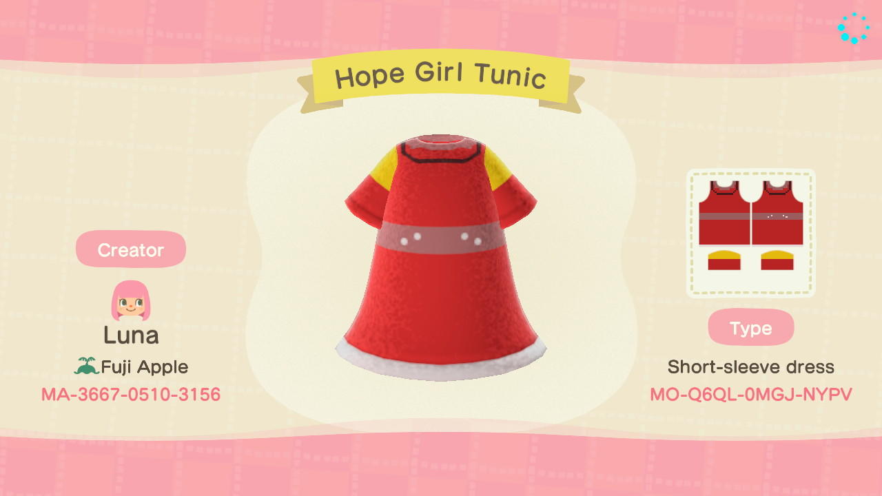 Animal Crossing Design Code: MO-Q6QL-0MGJ-NYPV Hope Girl Tunic