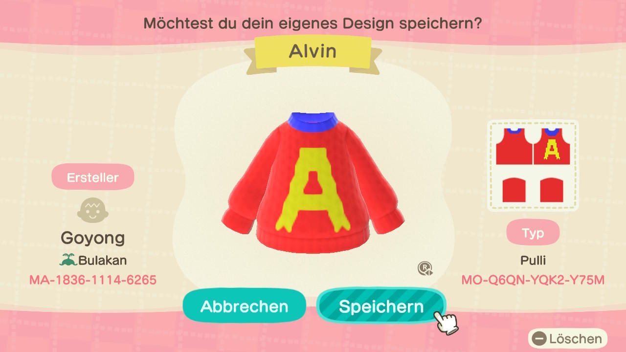 Animal Crossing Design Code: MO-Q6QN-YQK2-Y75M Alvin
