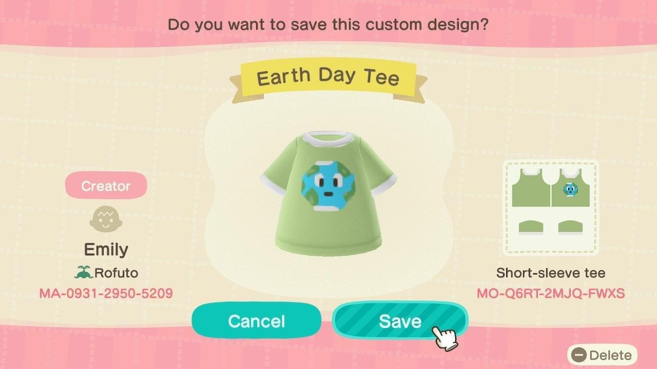 Animal Crossing Design Code: MO-Q6RT-2MJQ-FWXS Earth Day Tee