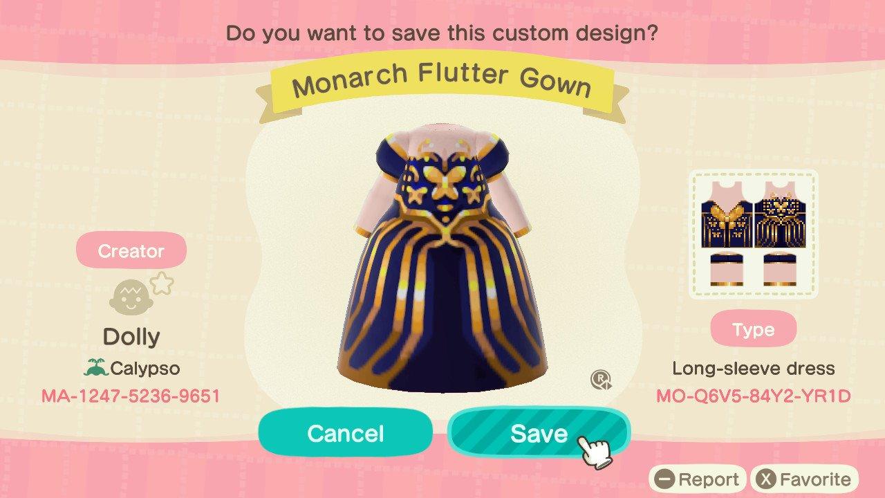 Animal Crossing Design Code: MO-Q6V5-84Y2-YR1D Monarch Flutter Gown