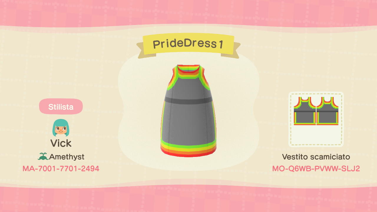 Animal Crossing Design Code: MO-Q6WB-PVWW-SLJ2 Pride Dress 1