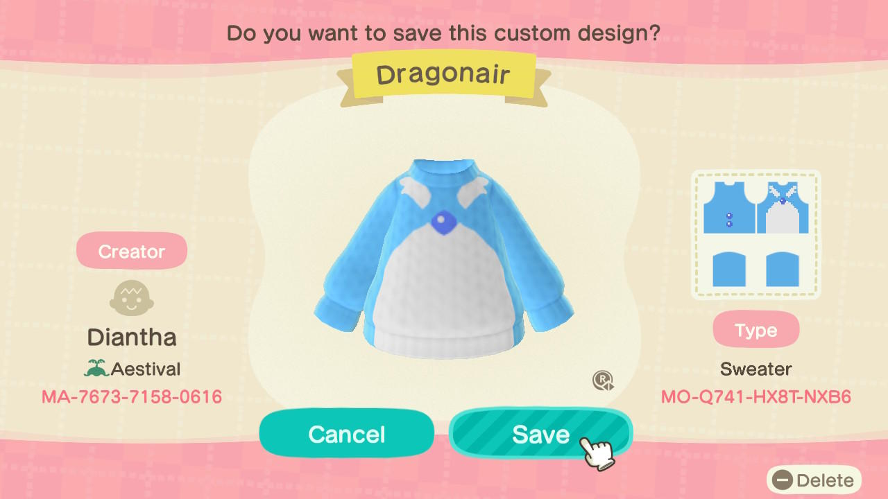 Animal Crossing Design Code: MO-Q714-HX8T-NXB6 Dragonair Sweater
