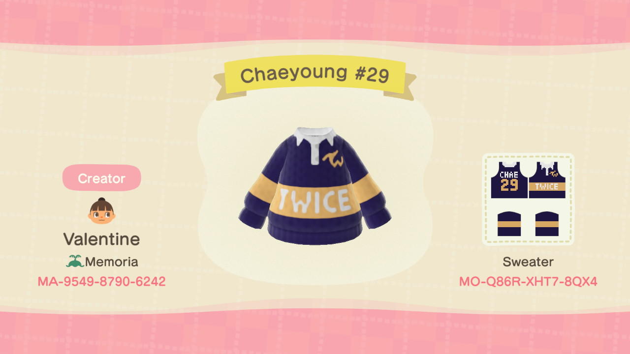 Animal Crossing Design Code: MO-Q86R-XHT7-8QX4 TWICE 20X20 Chae #29