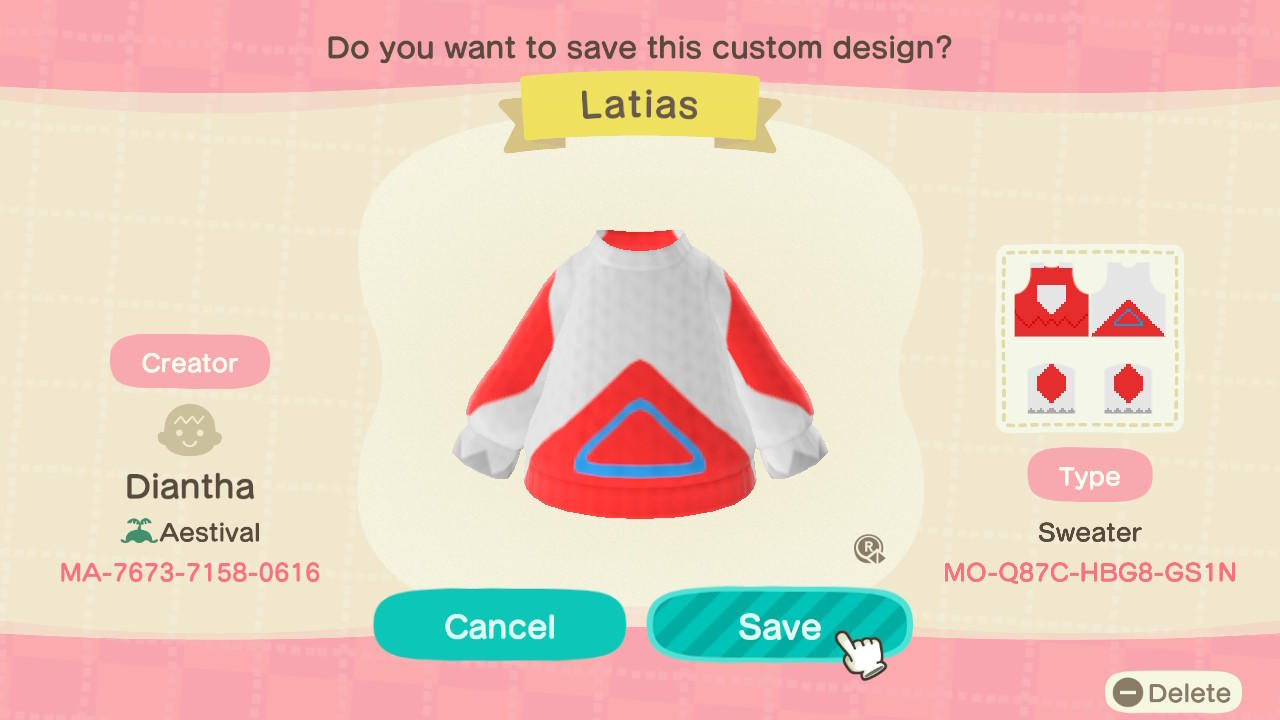 Animal Crossing Design Code: MO-Q87C-HBG8-GS1N Latias Sweater