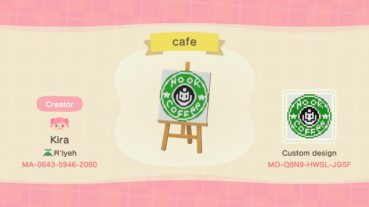 Animal Crossing Design Code: MO-Q8N9-HWSL-JG5F Nook Coffee Cafe