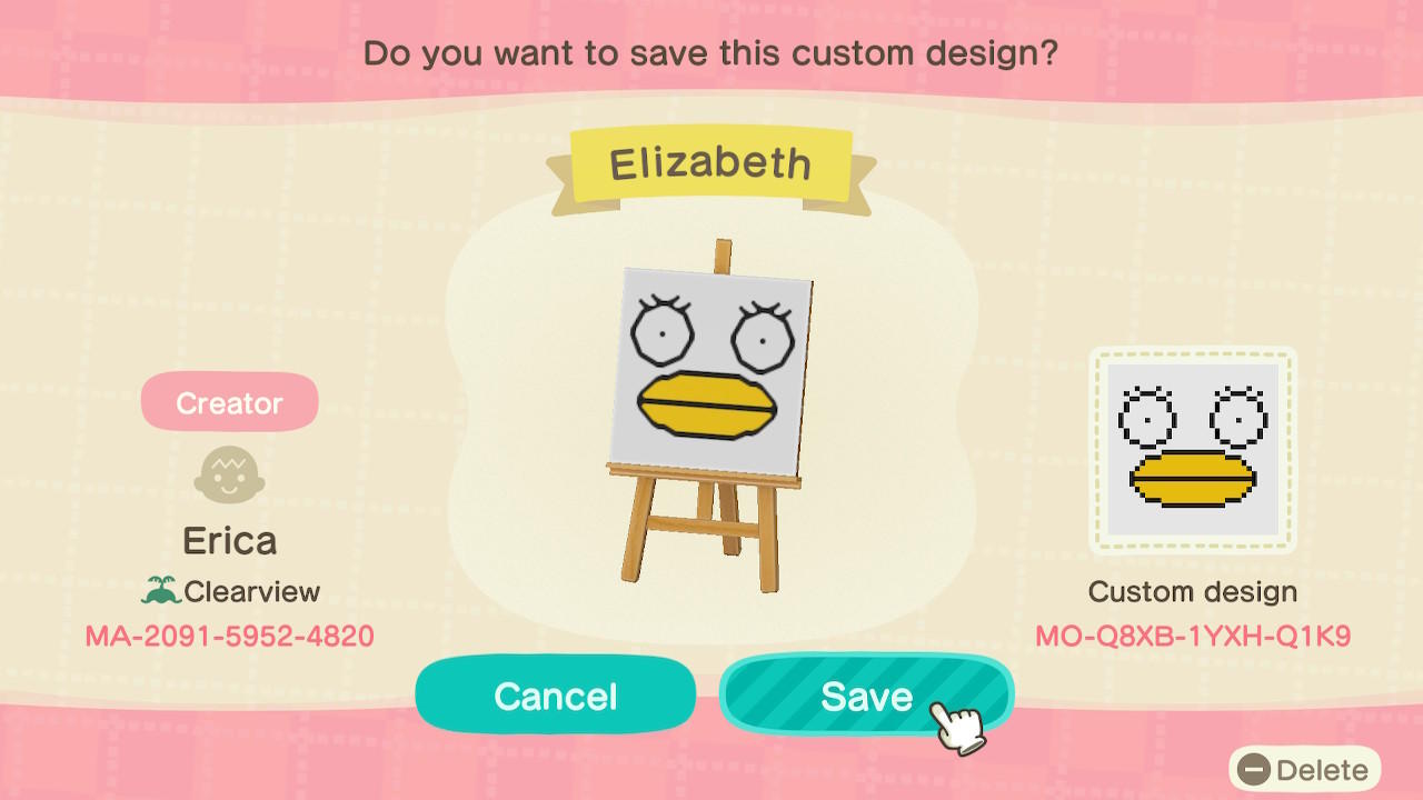 Animal Crossing Design Code: MO-Q8XB-1YXH-Q1K9 Elizabeth