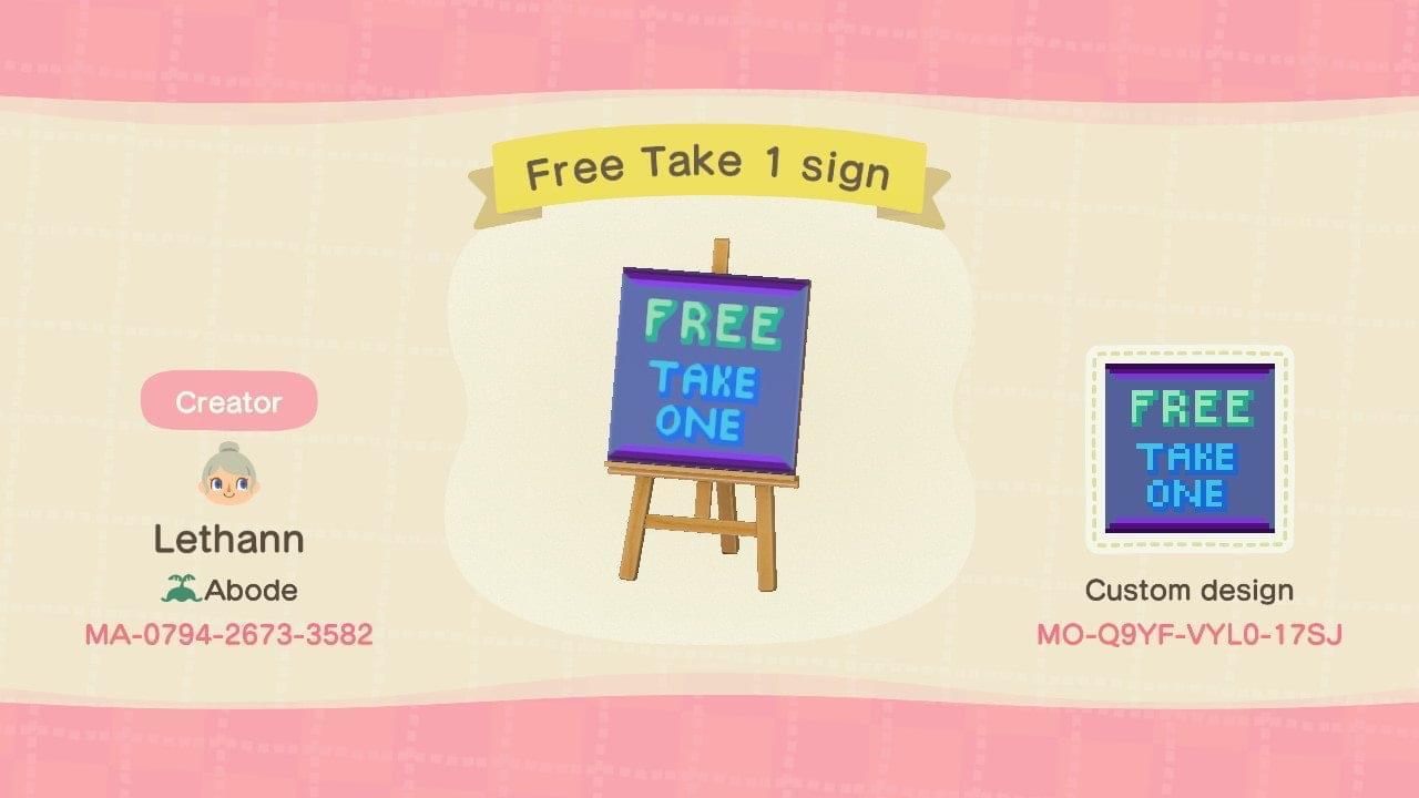Animal Crossing Design Code: MO-Q9YF-VYL0-17SJ Free Take 1 sign