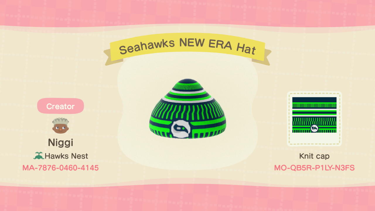 Animal Crossing Design Code: MO-QB5R-P1LY-N3FS Seahawks NEW ERA Hat