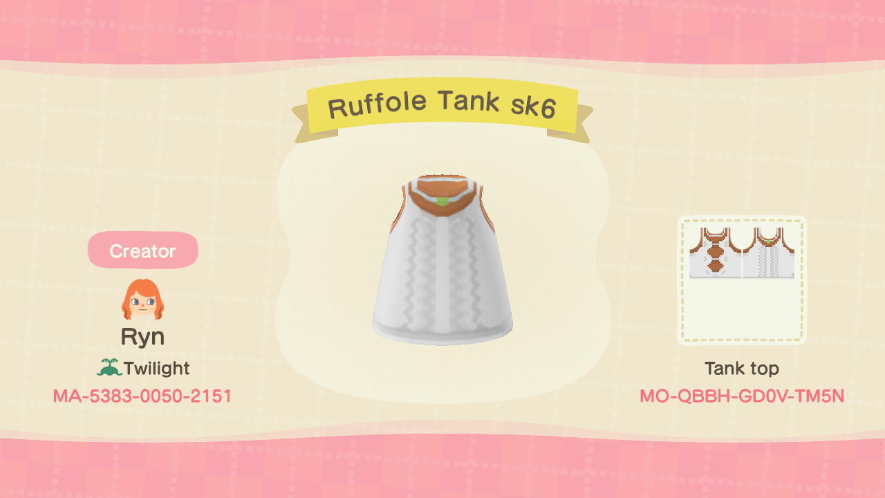 Animal Crossing Design Code: MO-QBBH-GD0V-TM5N Ruffole Tank sk6