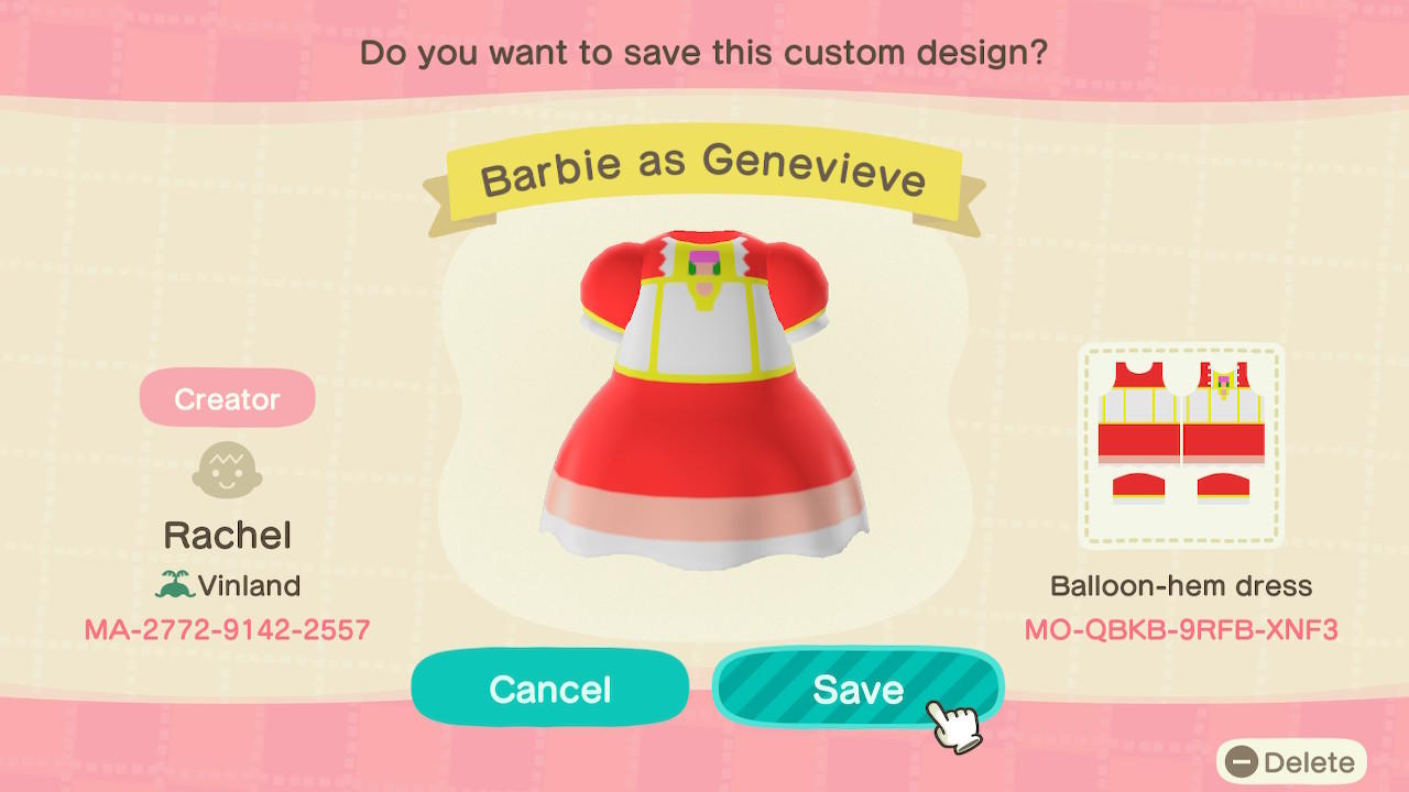 Animal Crossing Design Code: MO-QBKB-9RFB-XNF3 Barbie as Geneieve