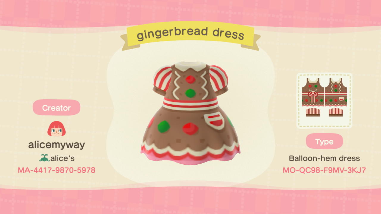 Animal Crossing Design Code: MO-QC98-F9MV-3KJ7 Gingerbread dress