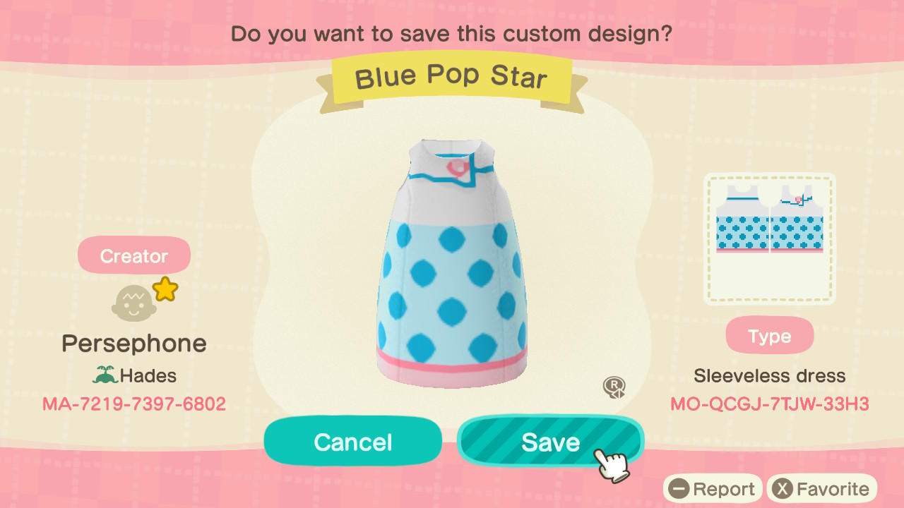 Animal Crossing Design Code: MO-QCGJ-7TJW-33H3 Blue Pop-Star Dress