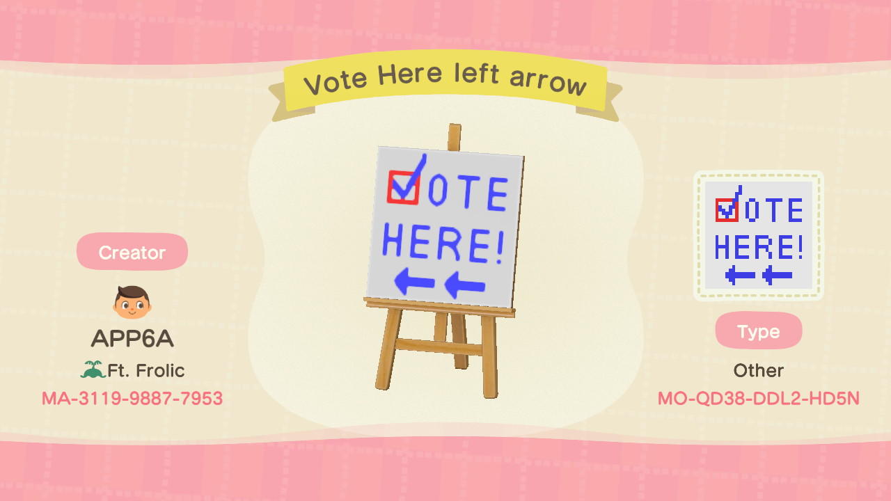 Animal Crossing Design Code: MO-QD38-DDL2-HD5N Vote Here left arrow
