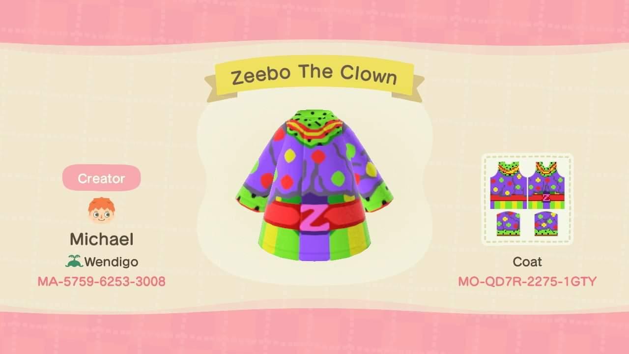 Animal Crossing Design Code: MO-QD7R-2275-1GTY Zeebo The Clown