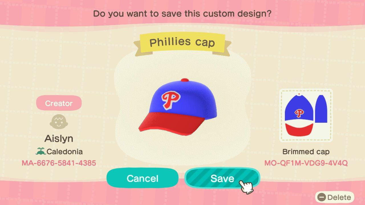Animal Crossing Design Code: MO-QF1M-VDG9-4V4Q Phillies cap