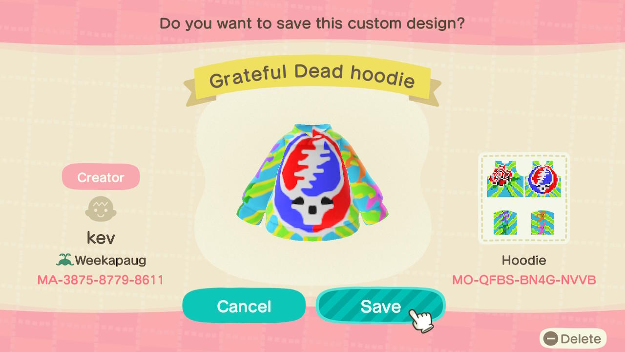 Animal Crossing Design Code: MO-QFBS-BN4G-NVVB Grateful Dead Hoodie
