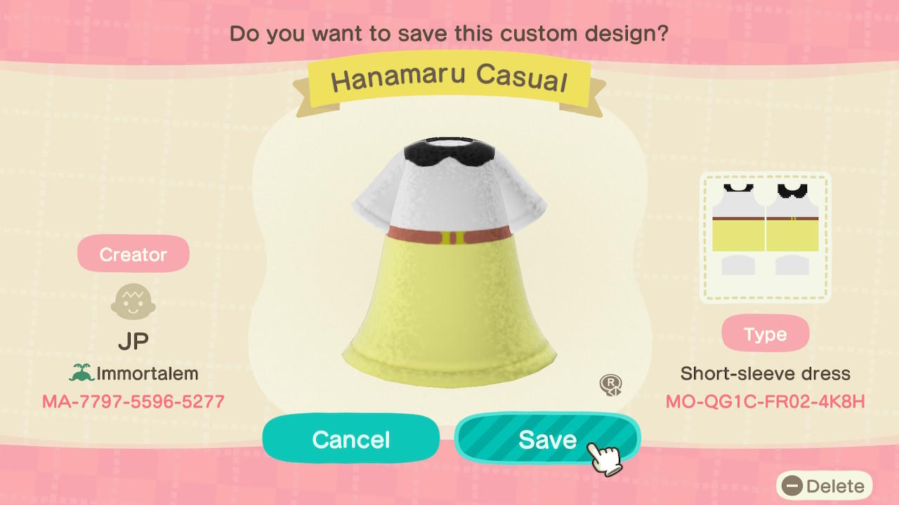 Animal Crossing Design Code: MO-QG1C-FR02-4K8H Hanamaru Casual