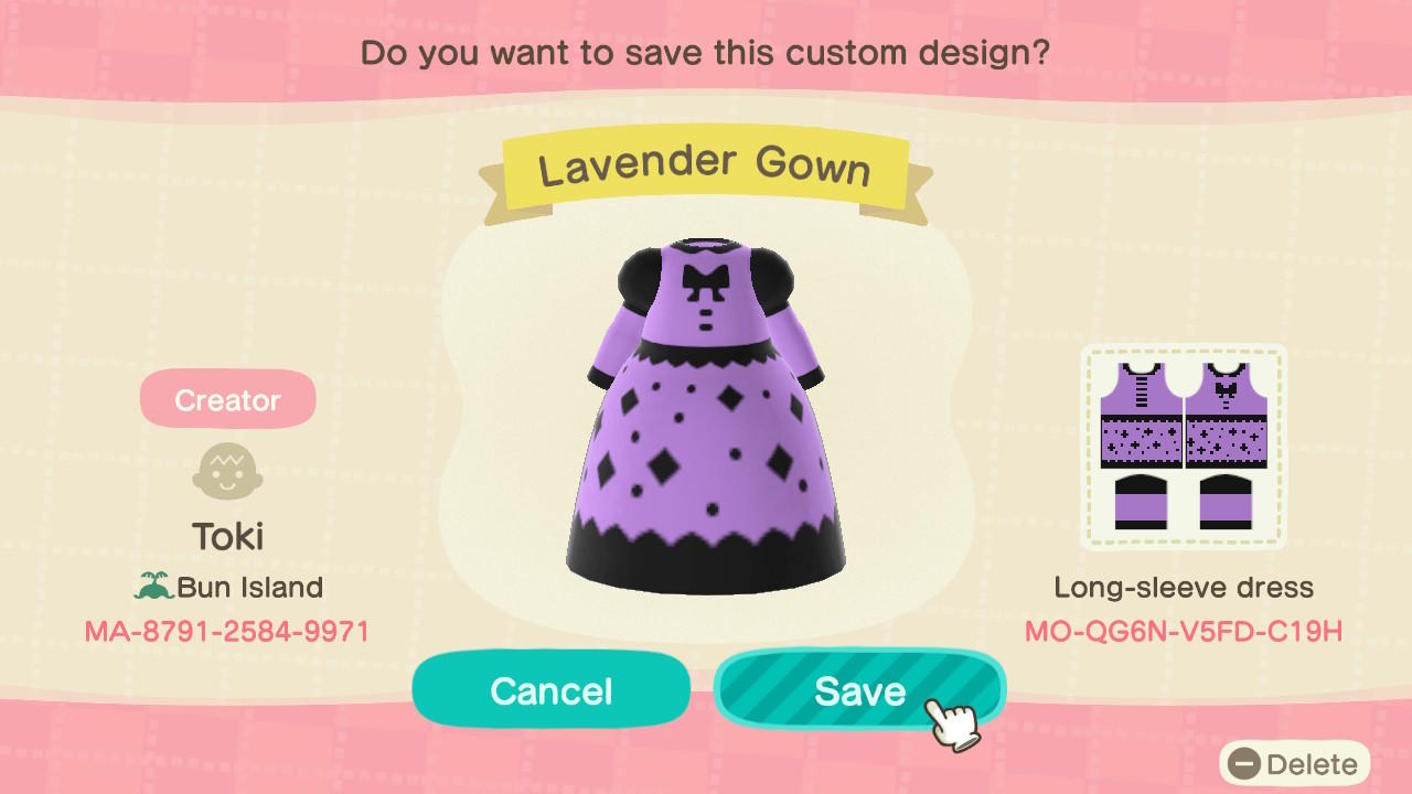 Animal Crossing Design Code: MO-QG6N-V5FD-C19H Lavender Gown