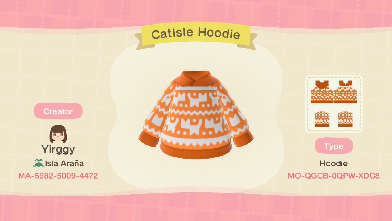 Animal Crossing Design Code: MO-QGCB-0QPW-XDC8 Catisle Hoodie
