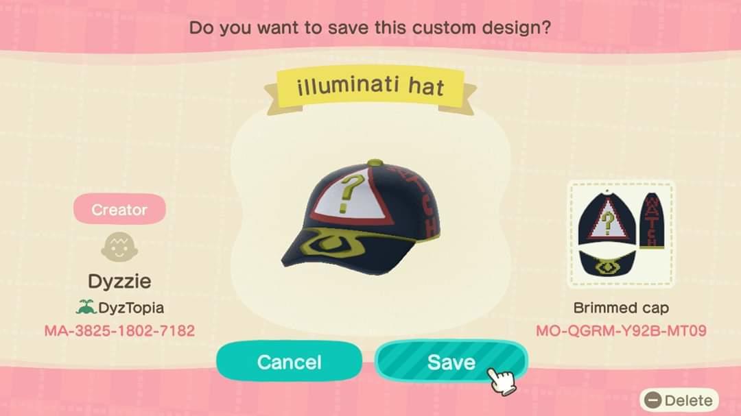 Animal Crossing Design Code: MO-QGRM-Y92B-MT09 Illuminati Hat