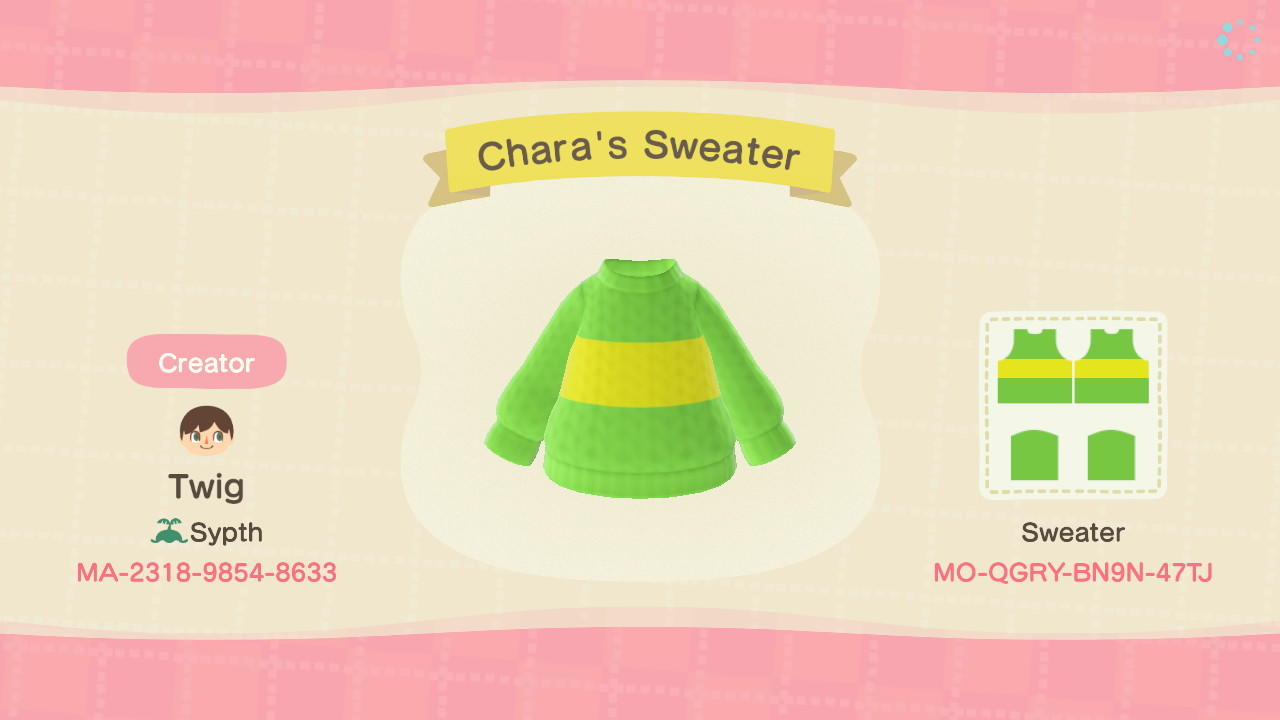 Animal Crossing Design Code: MO-QGRY-BN9N-47TJ Chara&#39;s Sweater