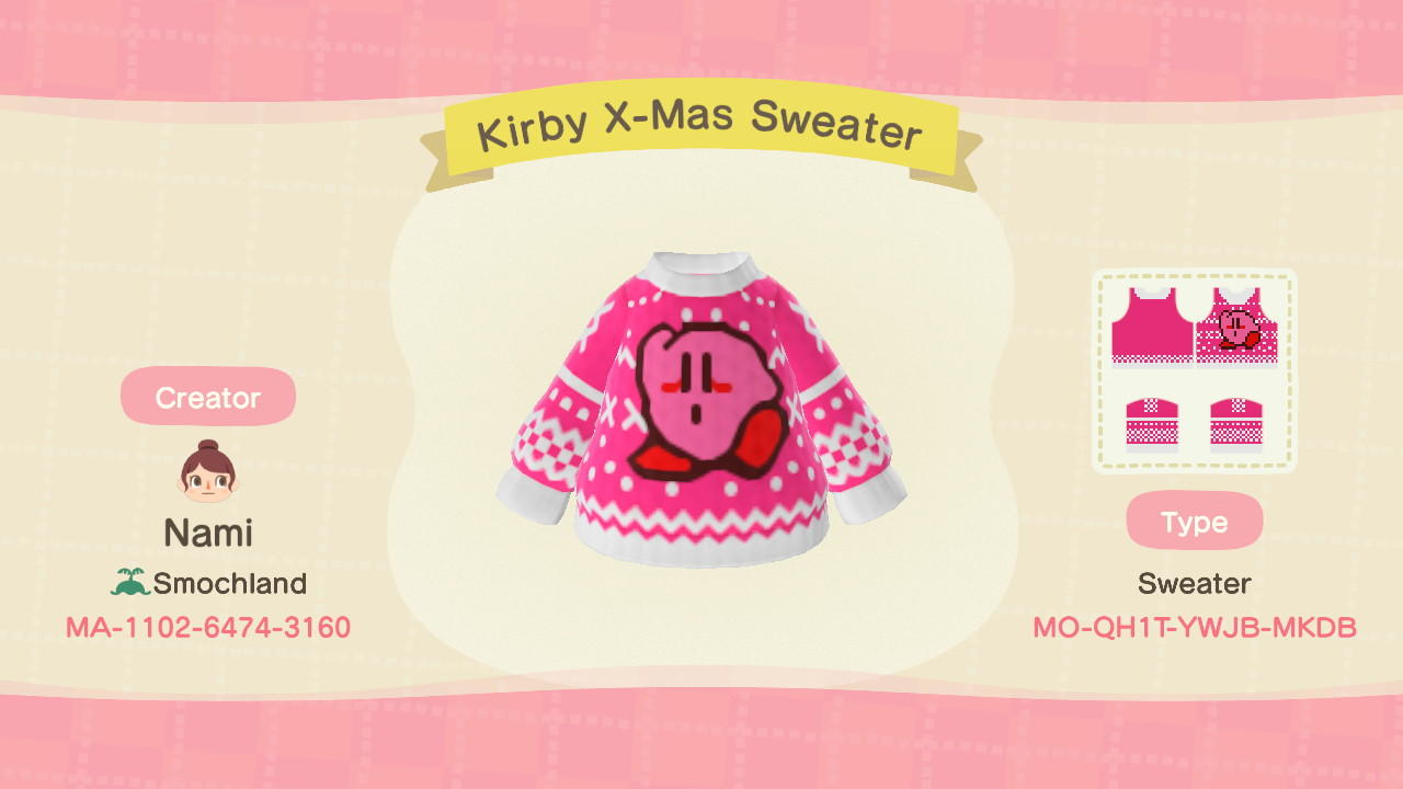 Animal Crossing Design Code: MO-QH1T-YWJB-MKDB Kirby X-Mas Sweater