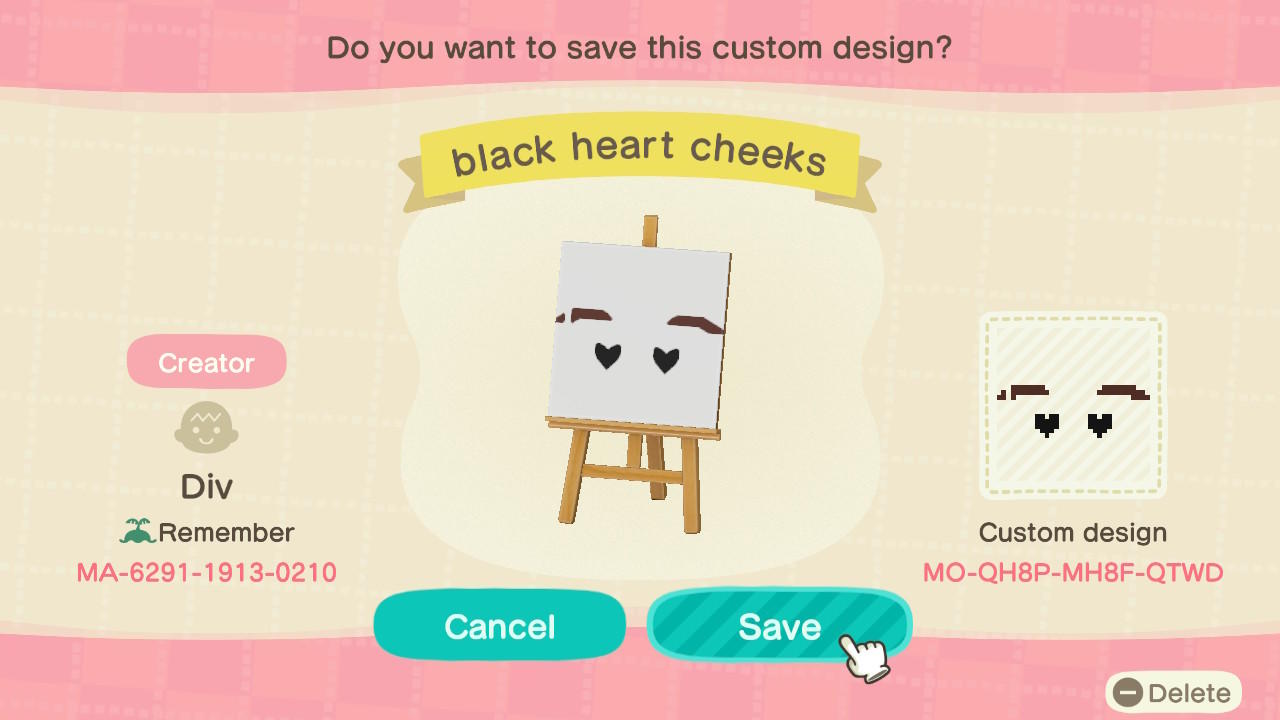 Animal Crossing Design Code: MO-QH8P-MH8F-QTWD black heart cheeks