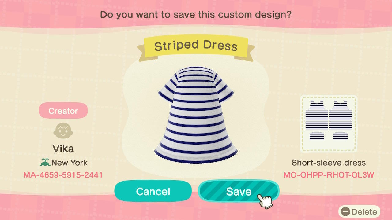 Animal Crossing Design Code: MO-QHPP-RHQT-QL3W Striped Dress