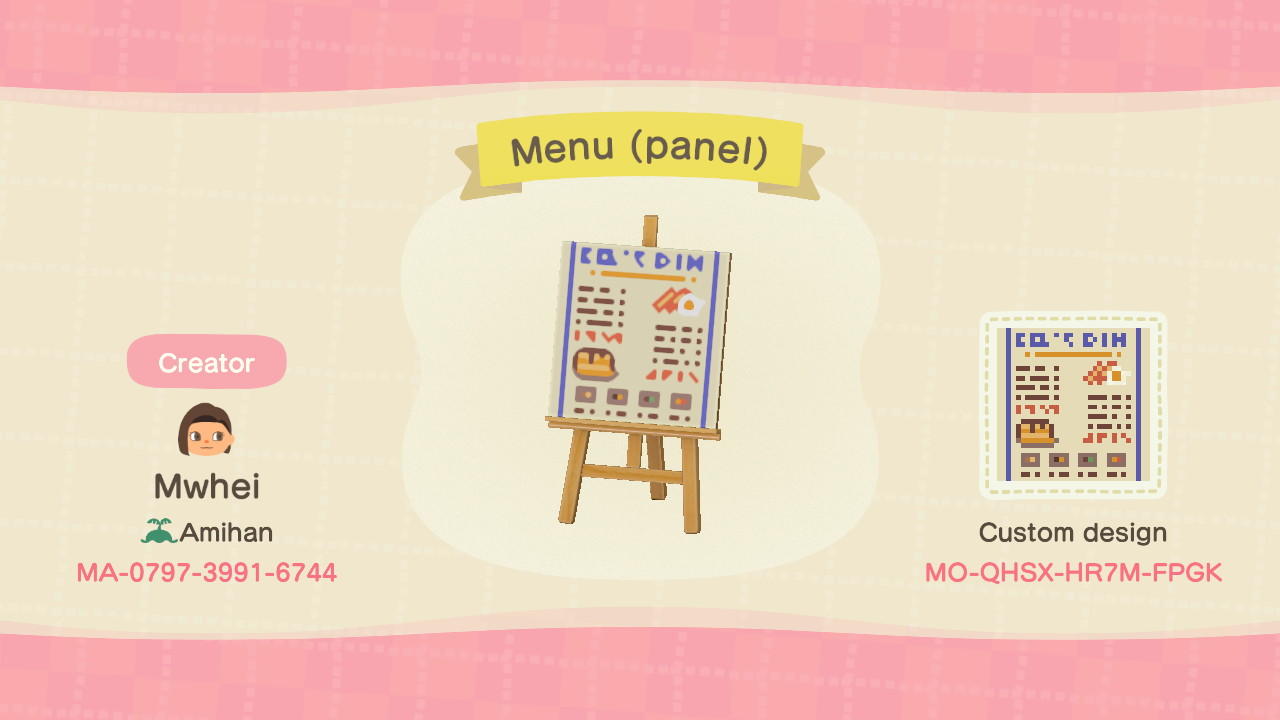 Animal Crossing Design Code: MO-QHSX-HR7M-FPGK Menu (panel)