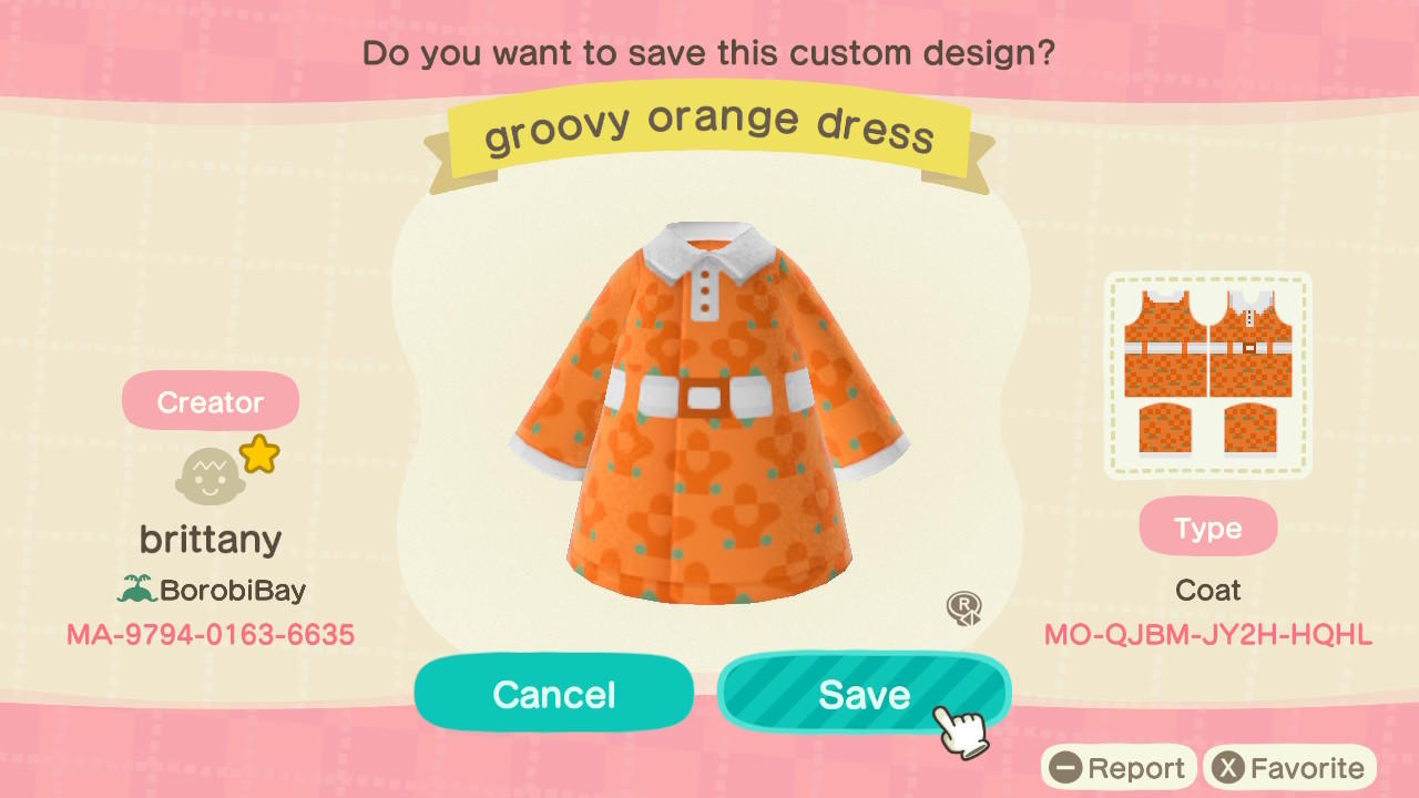 Animal Crossing Design Code: MO-QJBM-JY2H-HQHL Groovy Orange Dress