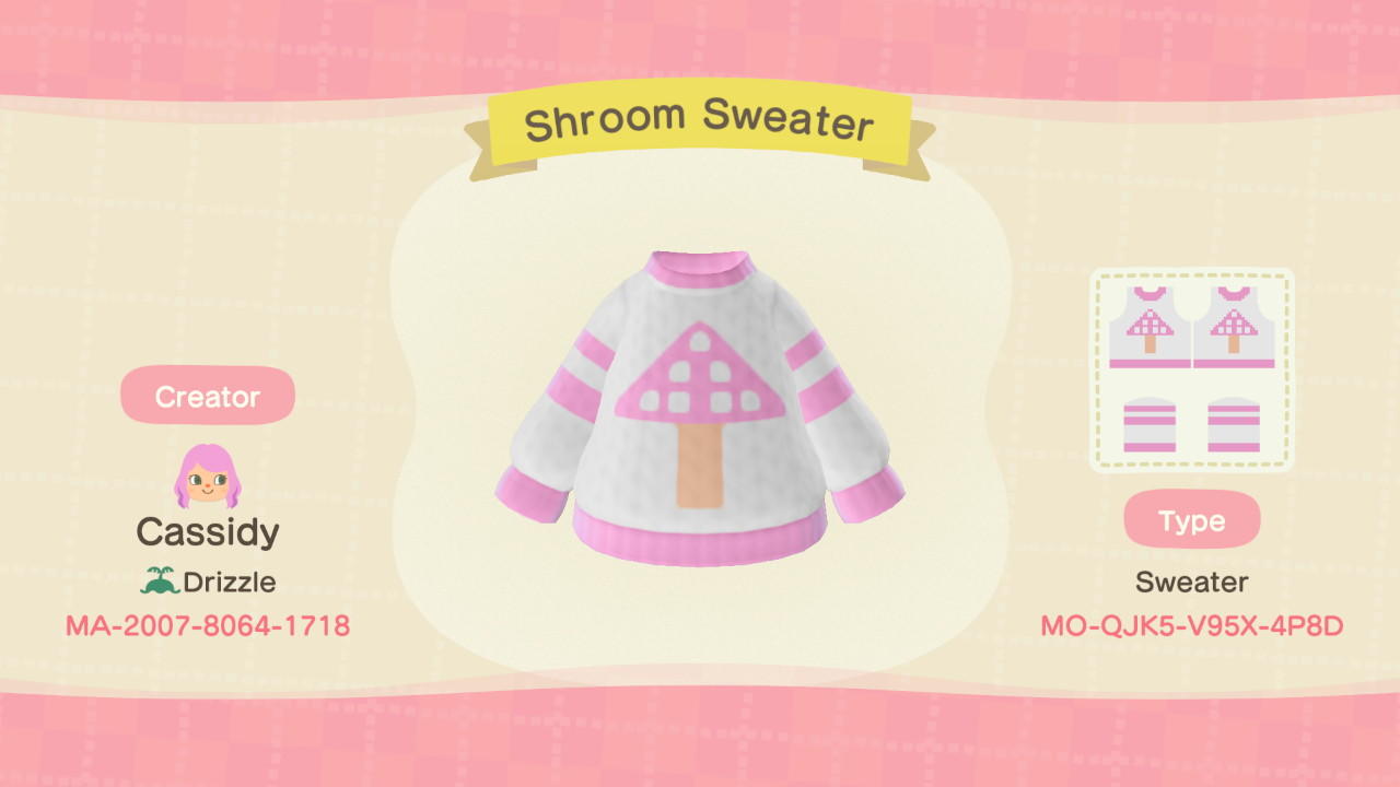 Animal Crossing Design Code: MO-QJK5-V95X-4P8D Shroom Sweater