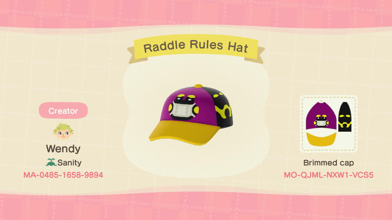 Animal Crossing Design Code: MO-QJML-NXW1-VCS5 Raddle Rules Hat