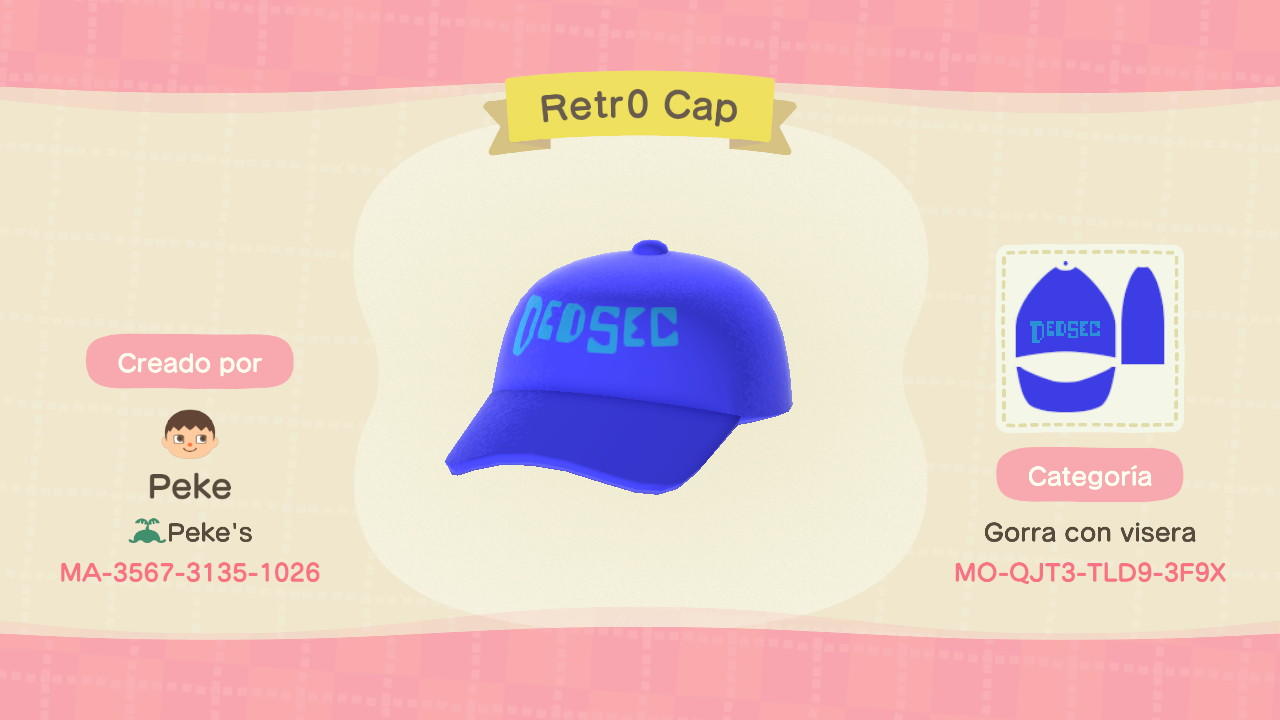 Animal Crossing Design Code: MO-QJT3-TLD9-3F9X Retr0 Cap (WD2)