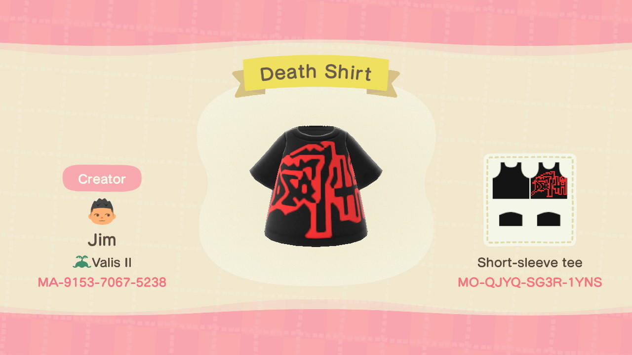 Animal Crossing Design Code: MO-QJYQ-SG3R-1YNS Death Shirt