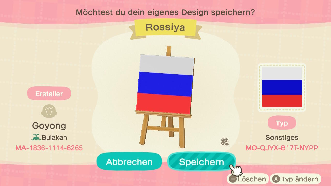 Animal Crossing Design Code: MO-QJYX-B17T-NYPP Russia