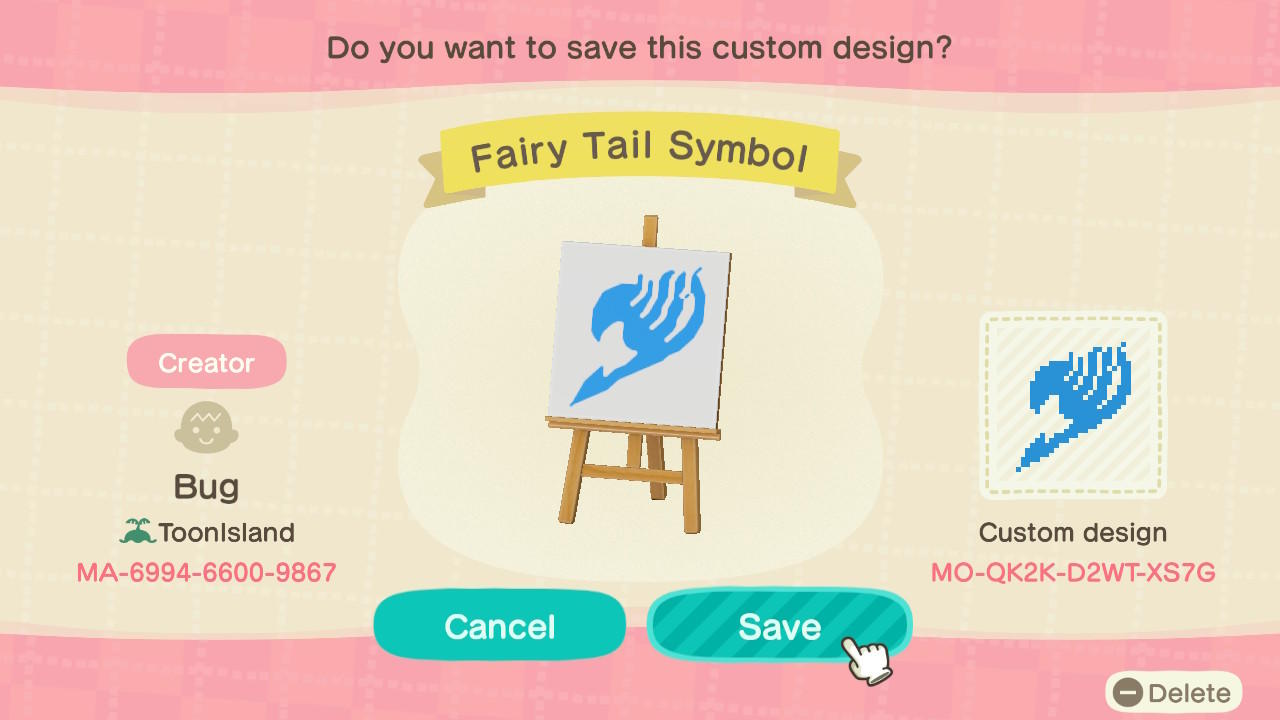 Animal Crossing Design Code: MO-QK2K-D2WT-XS7G Fairy Tail Symbol