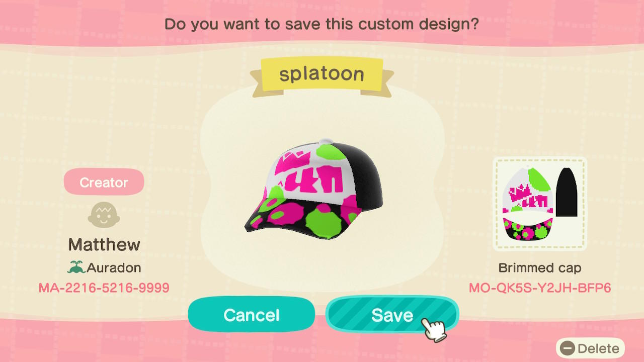 Animal Crossing Design Code: MO-QK5S-Y2JH-BFP6 splatoon
