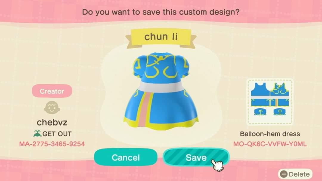 Animal Crossing Design Code: MO-QK6C-VVFW-Y0ML Chun Li (SF)