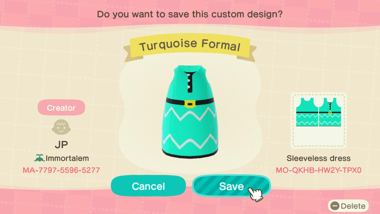 Animal Crossing Design Code: MO-QKHB-HW2Y-TPX0 Turquoise Formal