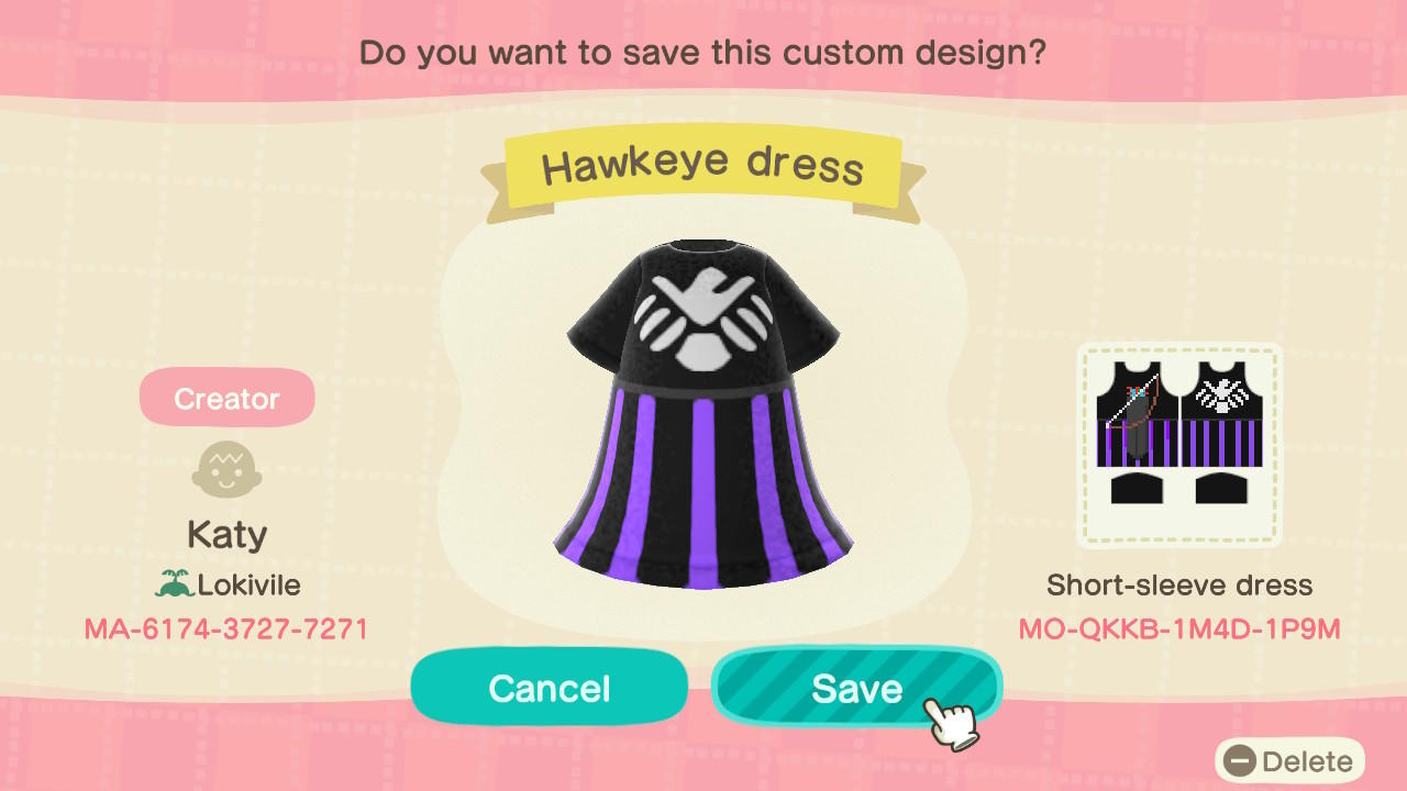 Animal Crossing Design Code: MO-QKKB-1M4D-1P9M Hawkeye Dress